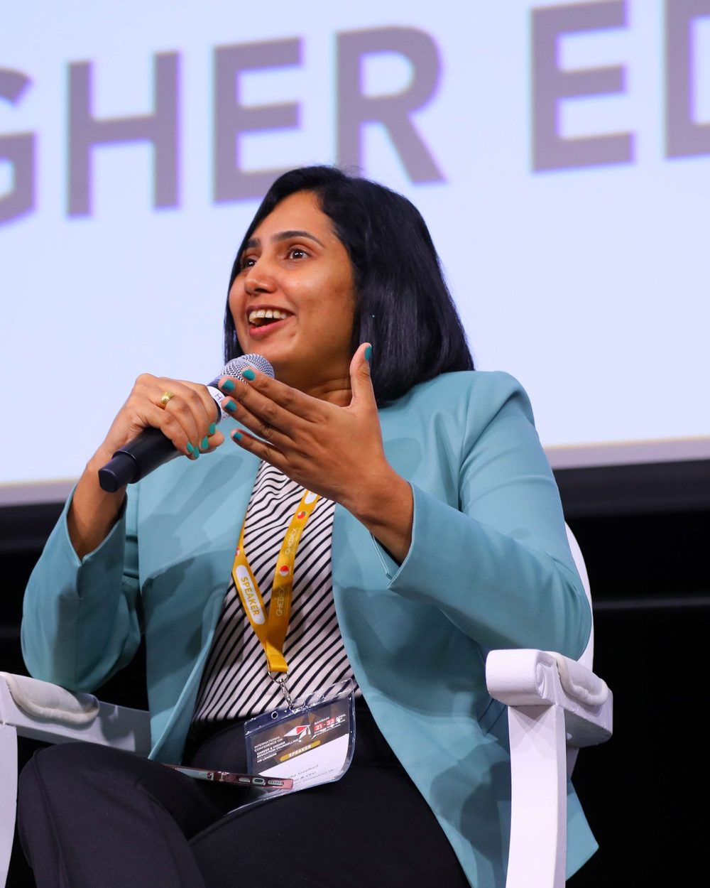 Harsha Sreehari speaking on a panel at GHEDEX, Bahrain